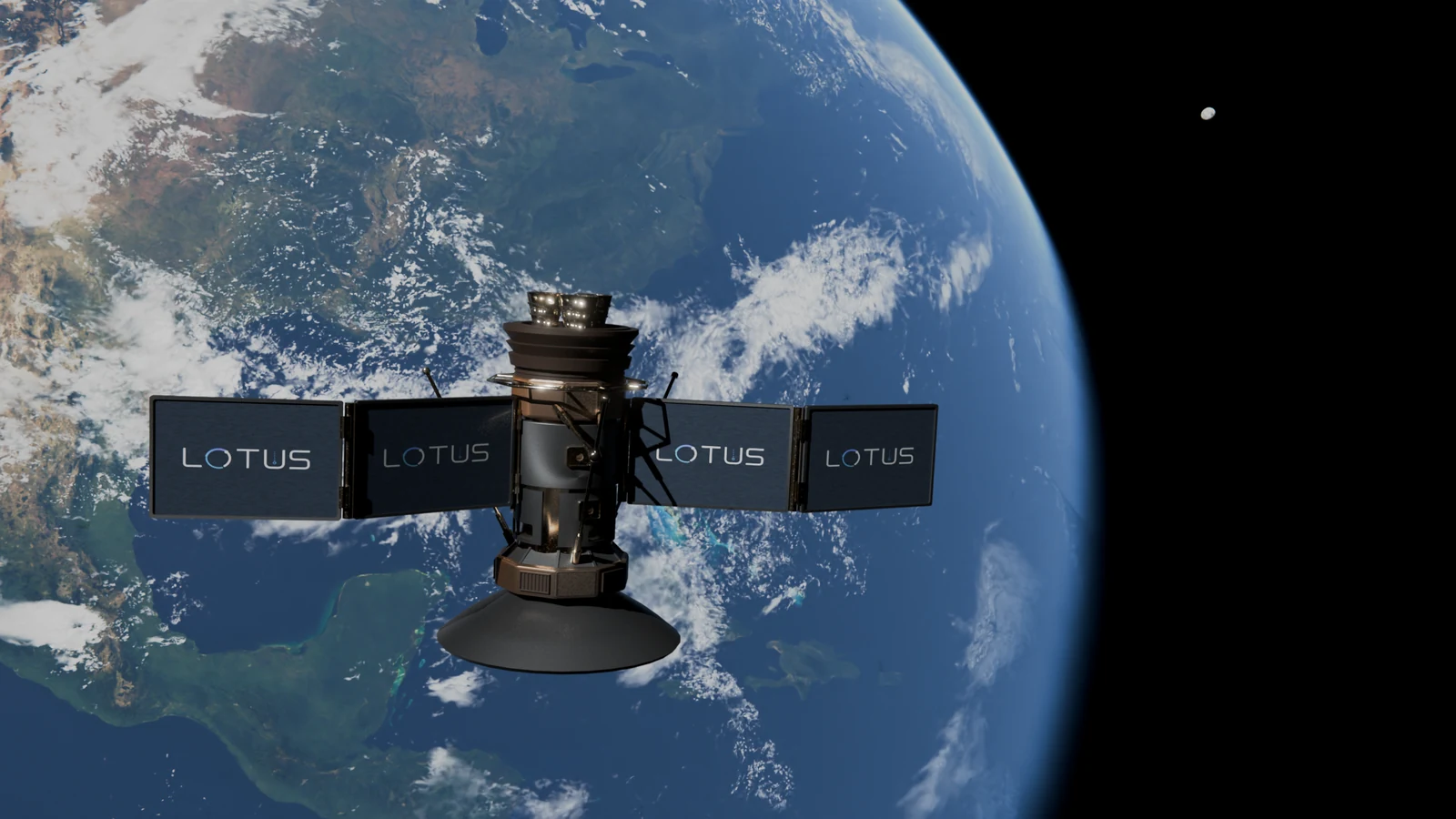 The LOTUS spacecraft in orbit above Earth, rendered in Blender